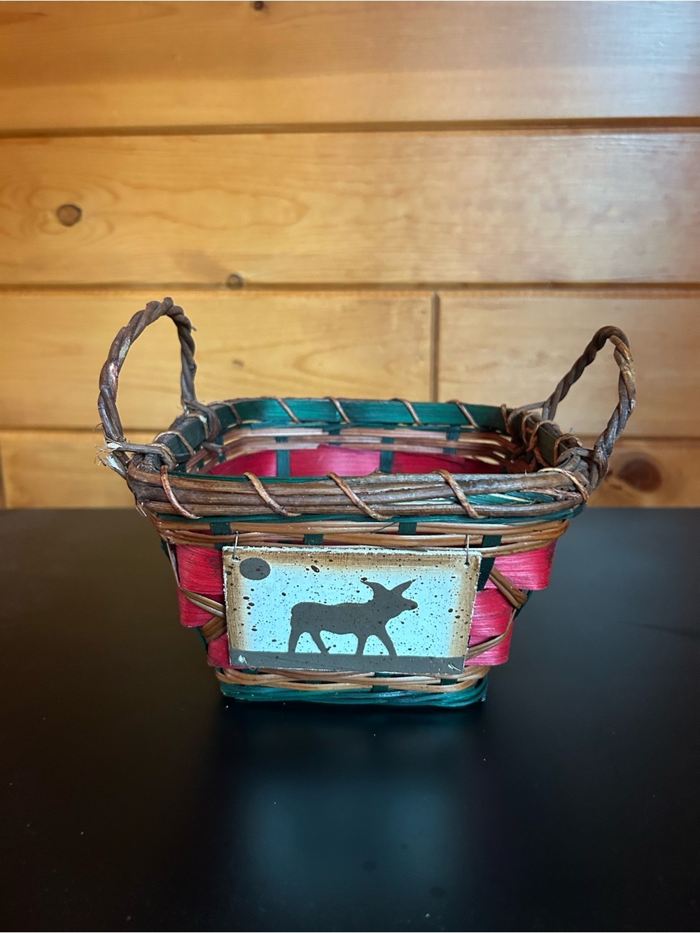 Rustic Red & Green Woven Decorative Basket with a Moose 🫎 Accent